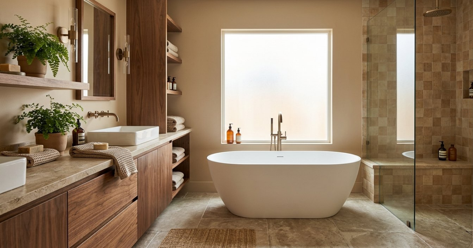 A bathroom with a freestanding bathtub, wooden cabinets, stone countertops, plants, and natural light coming through a frosted window.