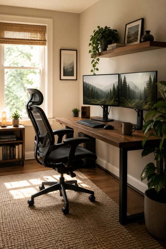 A cozy work office with an ergonomic chair, wooden desk, dual computer monitors, a potted plant, and natural light coming through a window.
