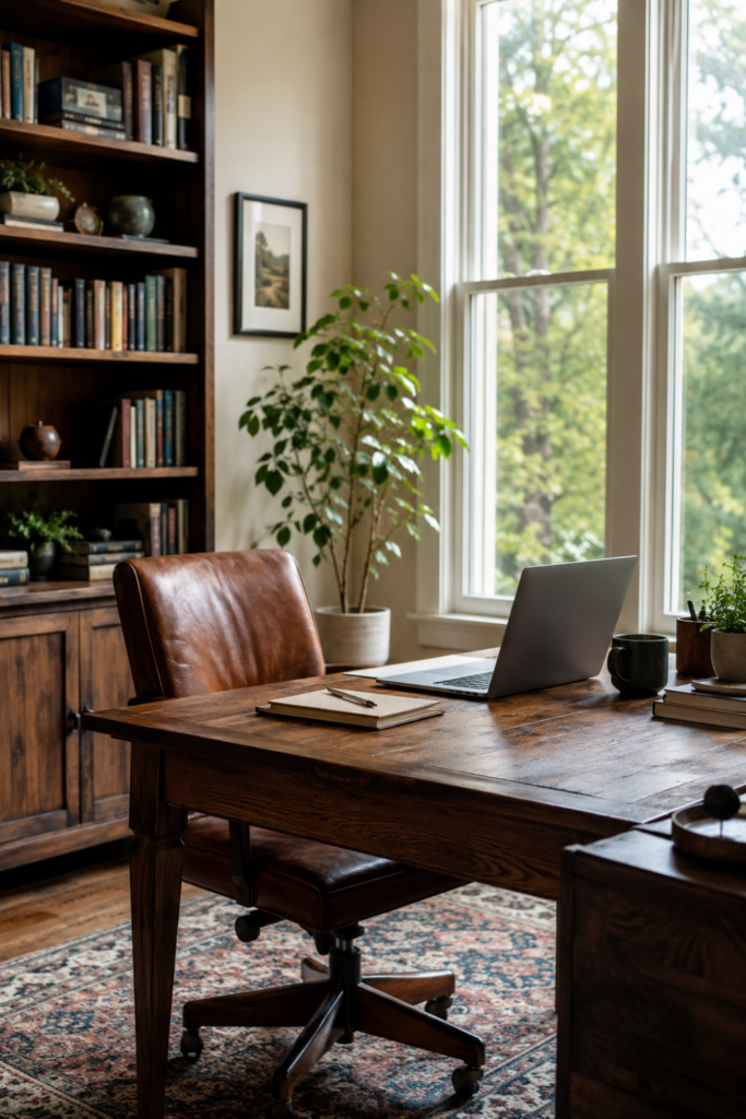 A cozy work office with a wooden desk, laptop, leather chair, bookshelf, and a potted plant near large windows letting in natural light.