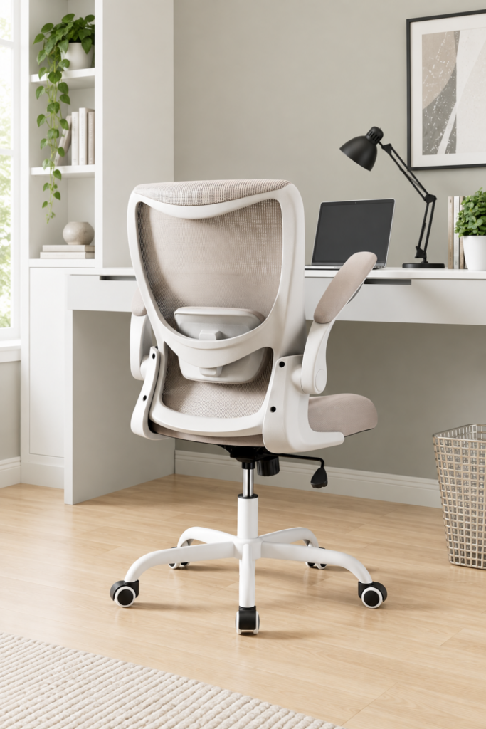 Ergonomic Desk Chair with Adjustable Lumbar Support and Flip up Armrest, Breathable Mesh Computer Chair for Home Office, Khaki