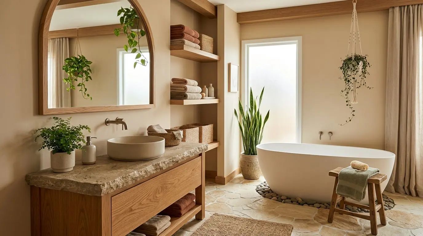 A bathroom with a freestanding bathtub, wooden cabinets, stone countertop, green plants, and natural stone tile flooring.