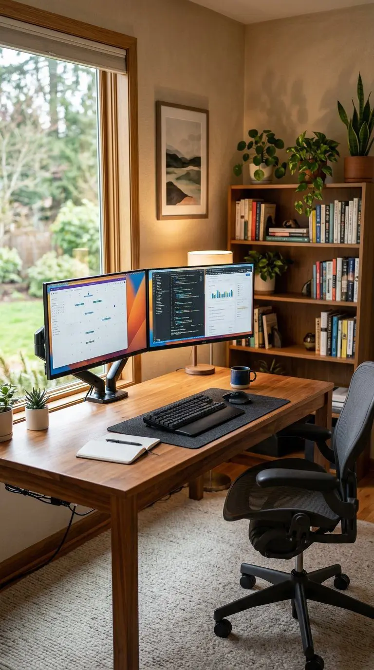 A cozy office workspace with two computer monitors on a wooden desk, an ergonomic chair, and shelves with books and plants in the background.