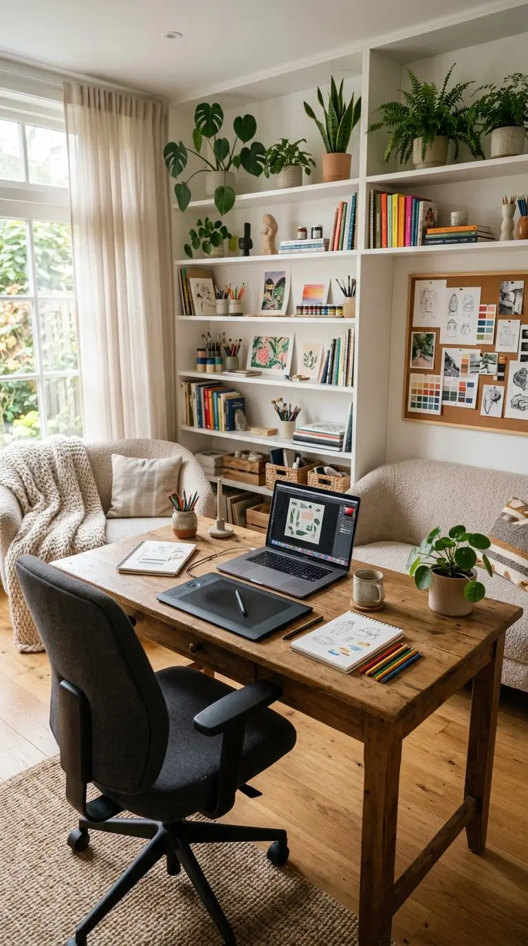A cozy work office with a wooden desk, laptop, drawing tablet, art supplies, plants, and a comfortable chair near large windows.