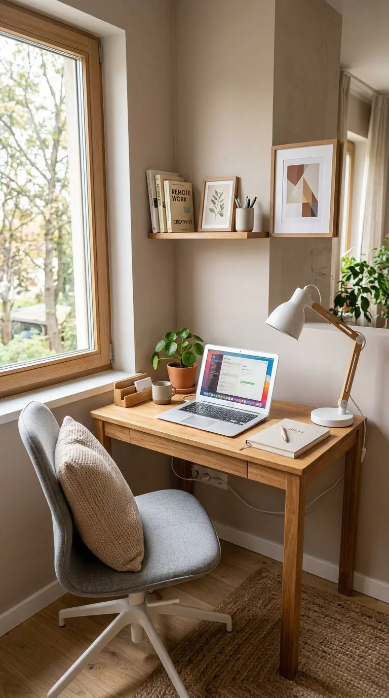 A small, cozy office corner with a wooden desk, laptop, chair, plant, and wall decorations.