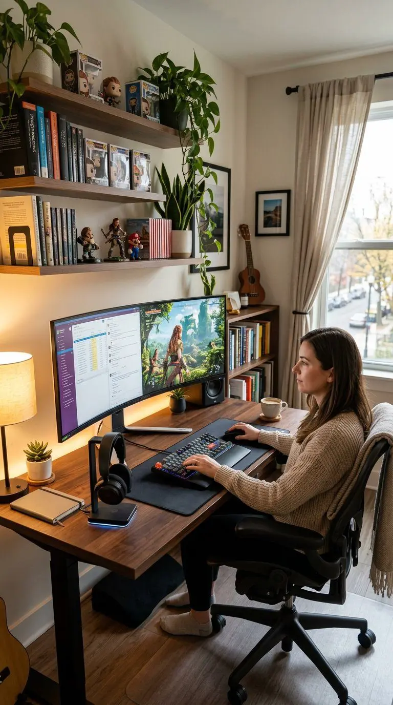 A home office desk with a large monitor showing work and gaming content, an ergonomic chair, keyboard, mouse, headset, shelves with books and plants, and warm lighting.