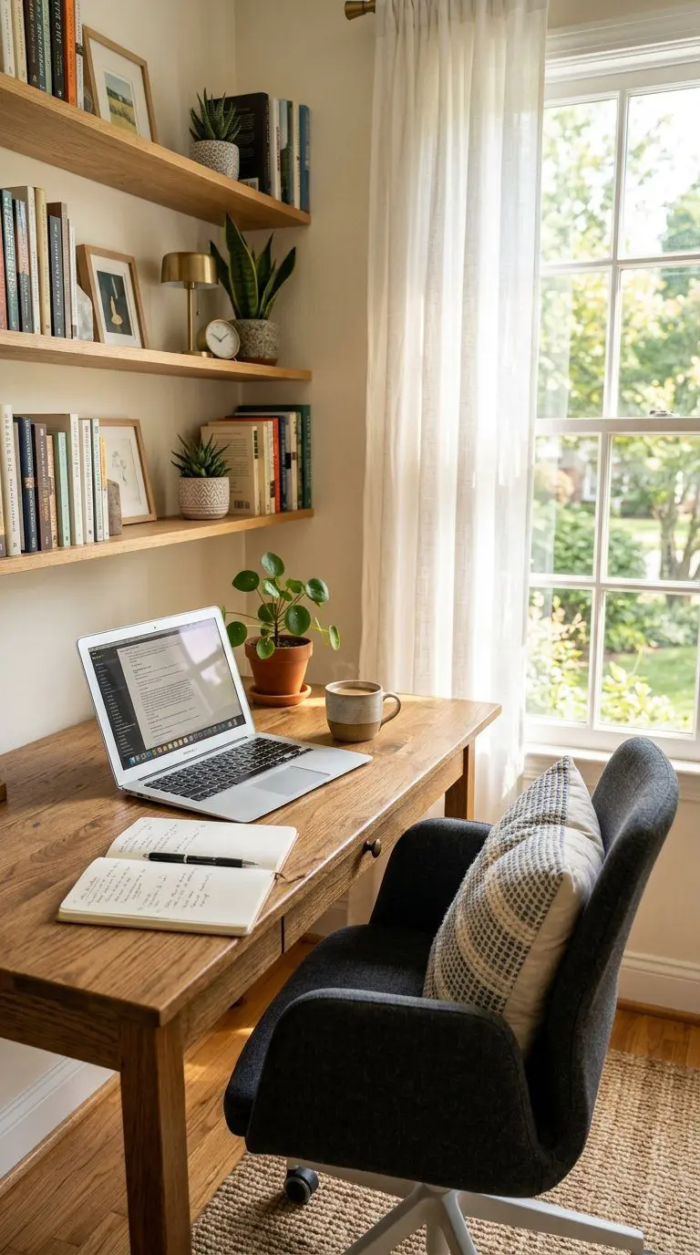 A cozy work office with a wooden desk near a large window letting in natural light, featuring a laptop, notebook, coffee mug, plant, and an ergonomic chair.