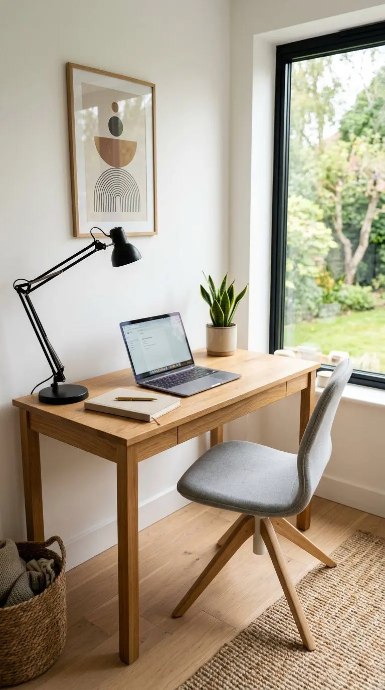 A small, bright work office with a wooden desk, laptop, chair, and a potted plant by a window.