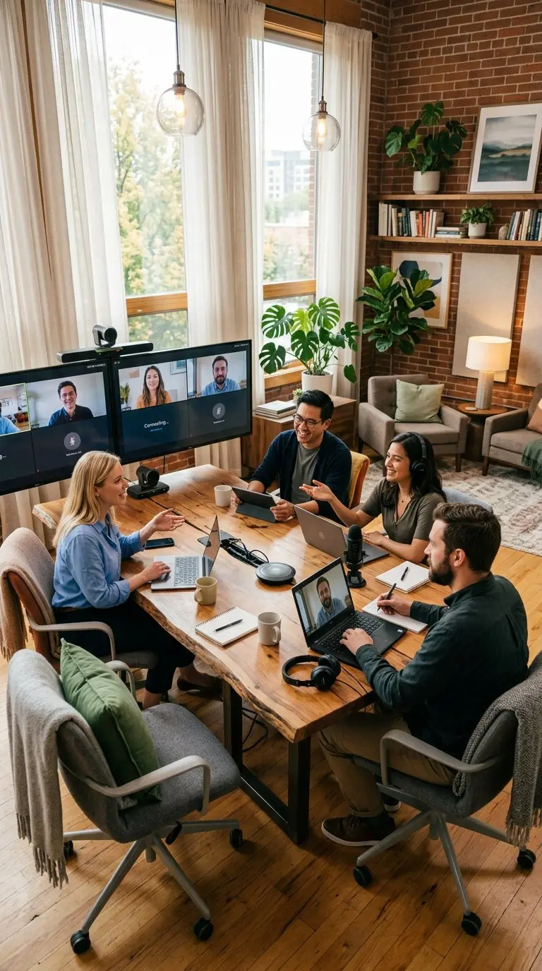 A cozy work office with a large conference table, ergonomic chairs, multiple monitors, and video conferencing equipment, illuminated by natural light and decorated with plants.