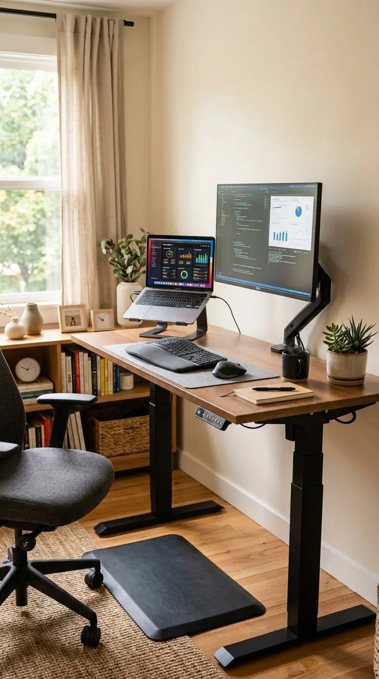 A cozy work office with a standing desk equipped with a laptop, monitor, keyboard, mouse, and a small plant near a window with natural light.