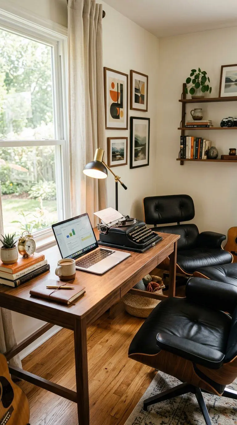 A cozy work office with a wooden desk, a laptop, a typewriter, a leather chair, desk lamp, plants, and framed artwork.