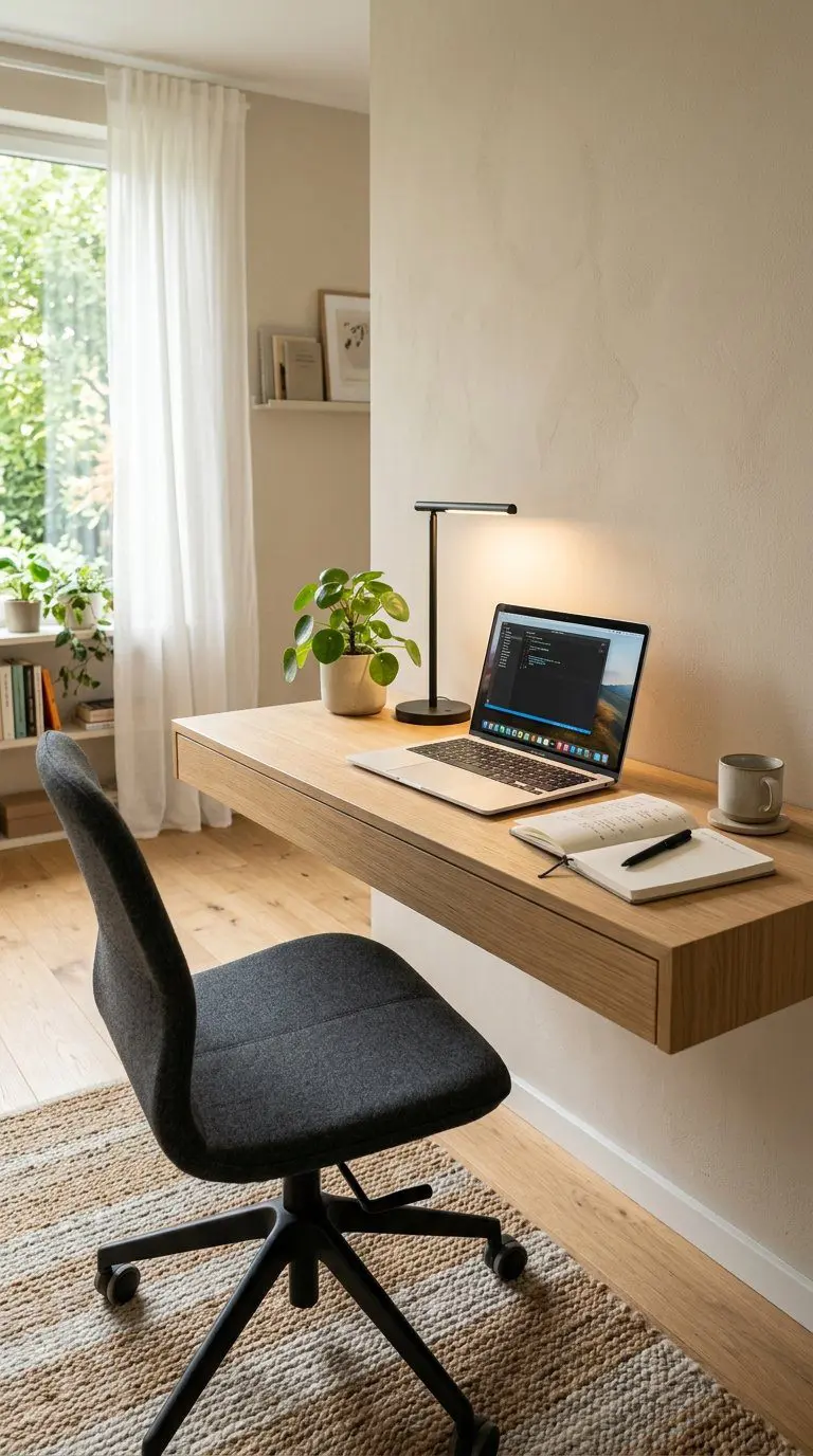A cozy work office with a floating desk holding a laptop, plant, lamp, and notebook, next to a comfortable chair and a window letting in natural light.