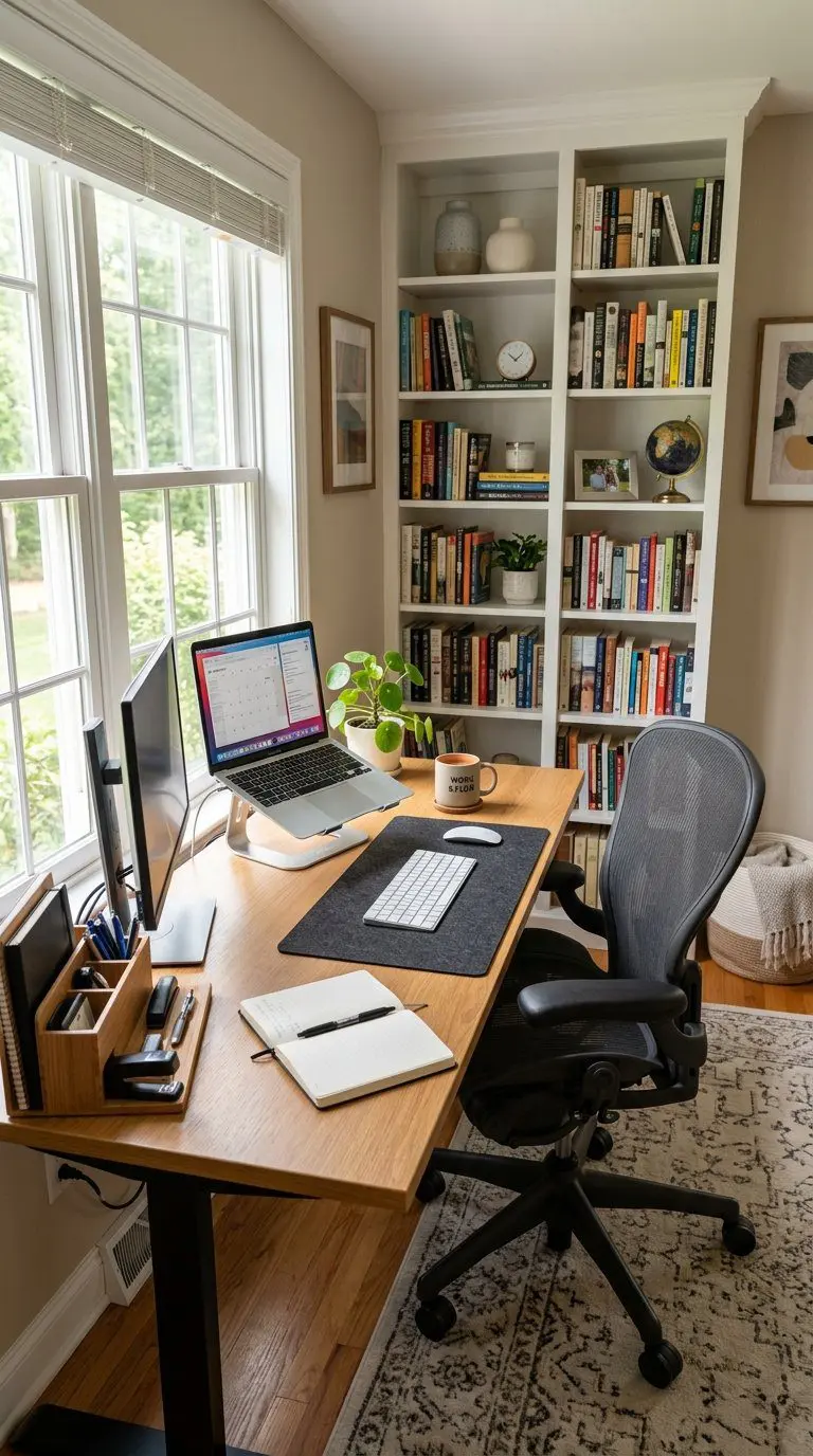 A cozy work office with an L-shaped corner desk, a laptop, a chair, bookshelves, and a small plant.