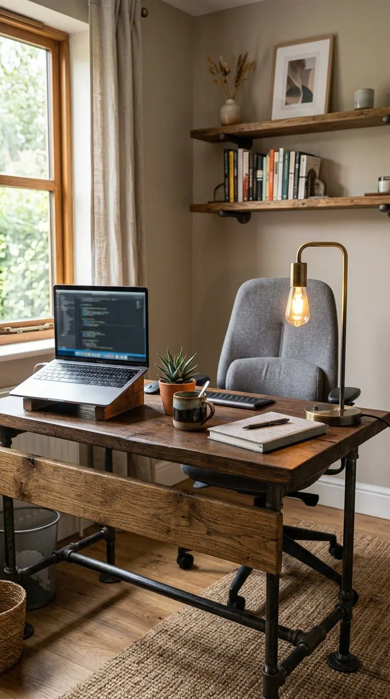 A cozy office workspace with an industrial pipe desk holding a laptop, desk lamp, plant, notebook, and coffee mug.