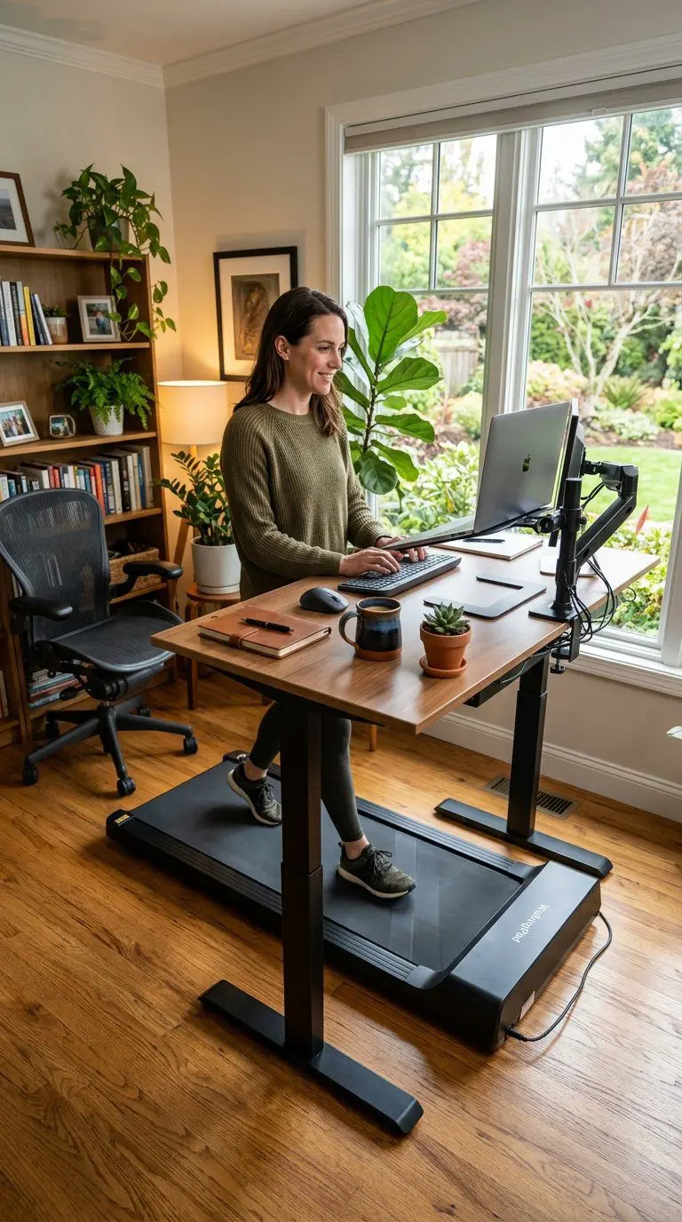 A cozy home office with a treadmill desk setup, showing a laptop, office supplies, and a treadmill beneath the desk near a window with plants.