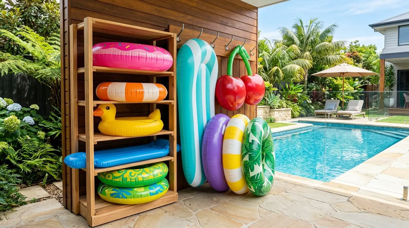 Outdoor pool area with colorful pool floats neatly stored on wooden racks and hooks next to a clear swimming pool.