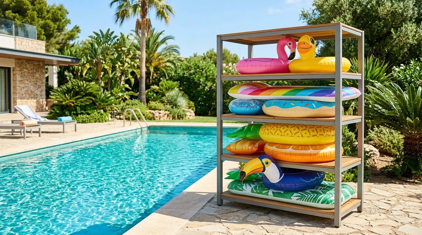 Compact and organized storage unit holding colorful pool floats next to a swimming pool on a sunny day.