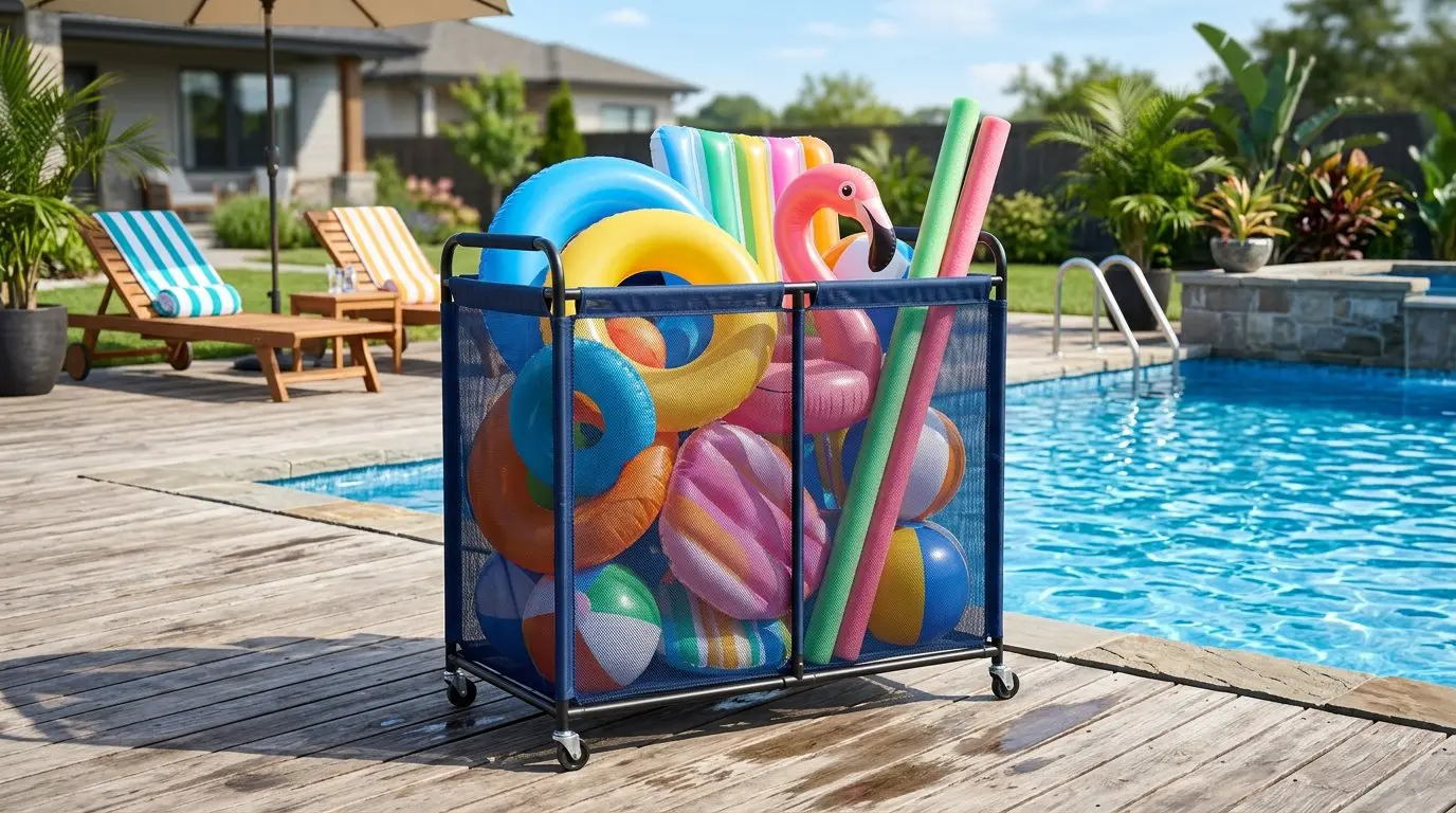 Portable mesh bin filled with colorful pool floats next to a swimming pool on a wooden deck.