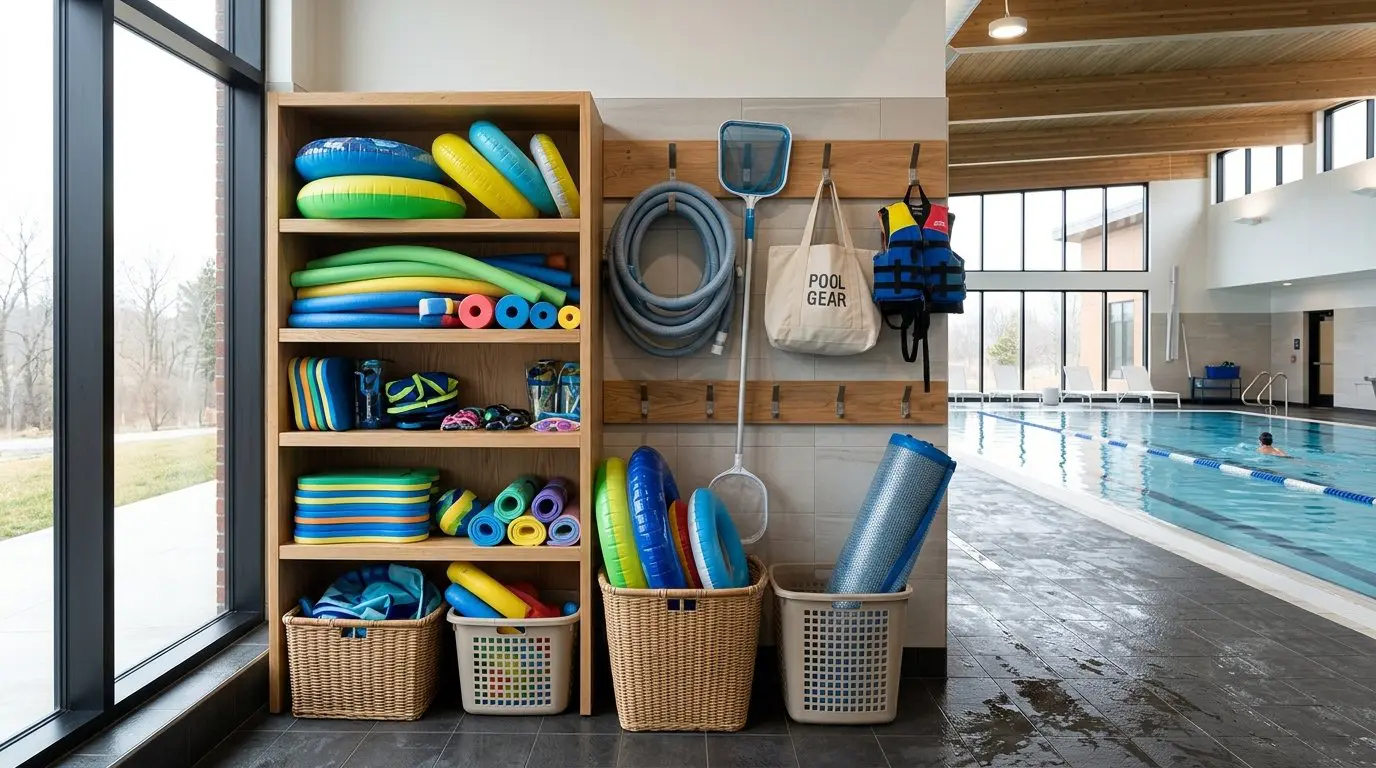 Indoor pool area with a neatly organized storage station holding colorful pool floats and accessories next to a clear blue indoor swimming pool.