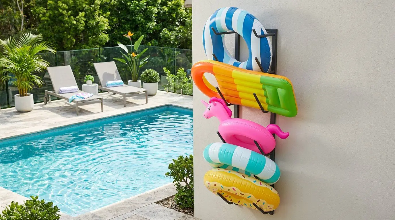 Vertical wall rack mounted outdoors holding colorful pool floats next to a swimming pool.