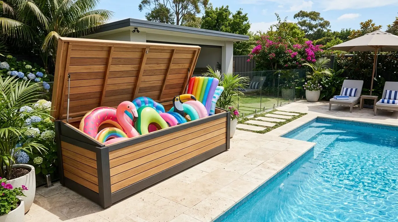 Outdoor poolside area with a hidden storage chest open to reveal neatly stored colorful pool floats next to a clear blue swimming pool.