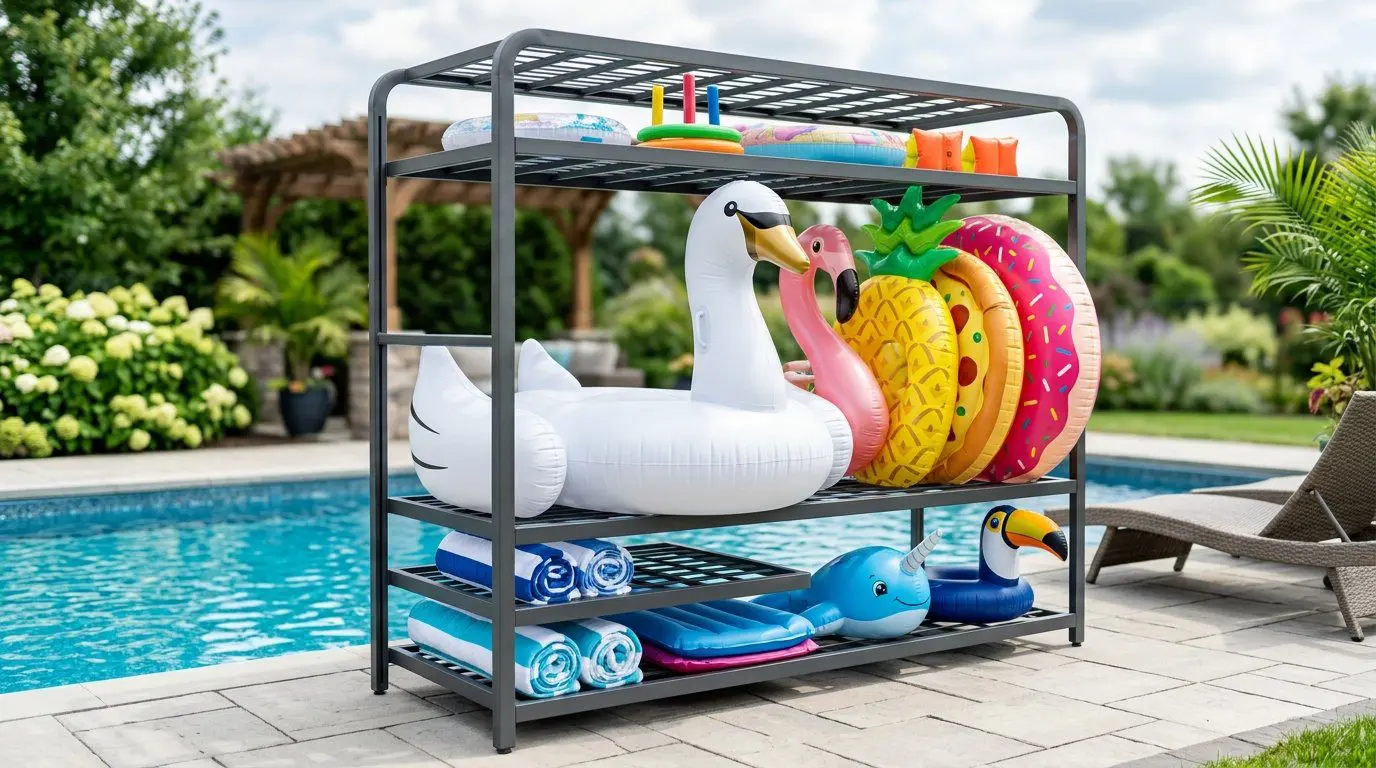A multi-level metal rack holding colorful pool floats, including a large white swan float, in a bright outdoor setting.