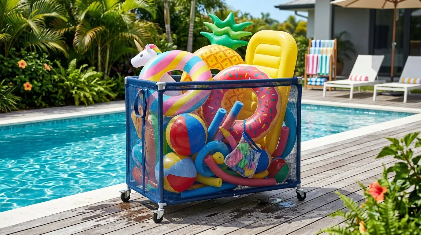 Mesh storage bin filled with colorful pool floats next to a swimming pool on a sunny day.