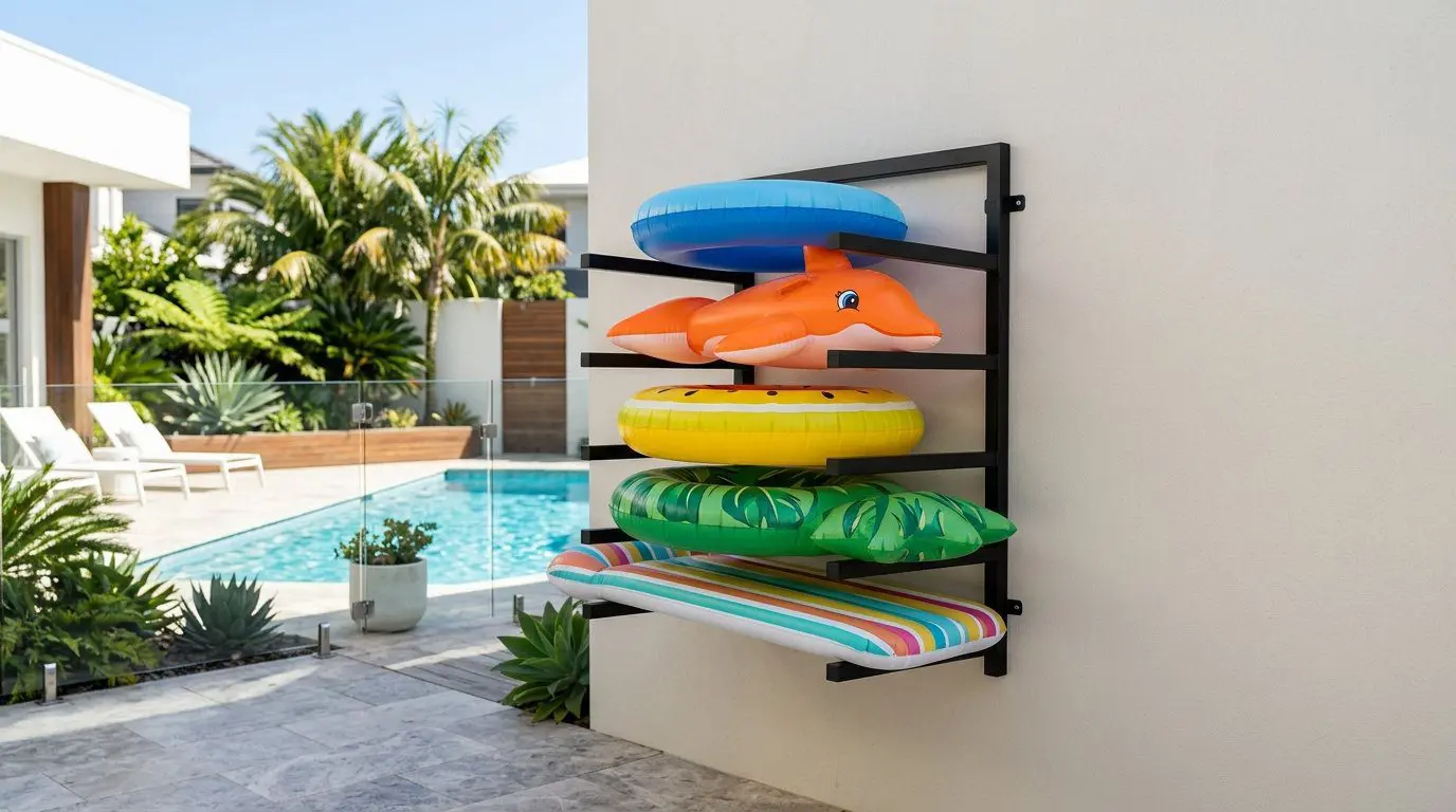 A wall-mounted rack holding several colorful pool floats in a clean and organized space.