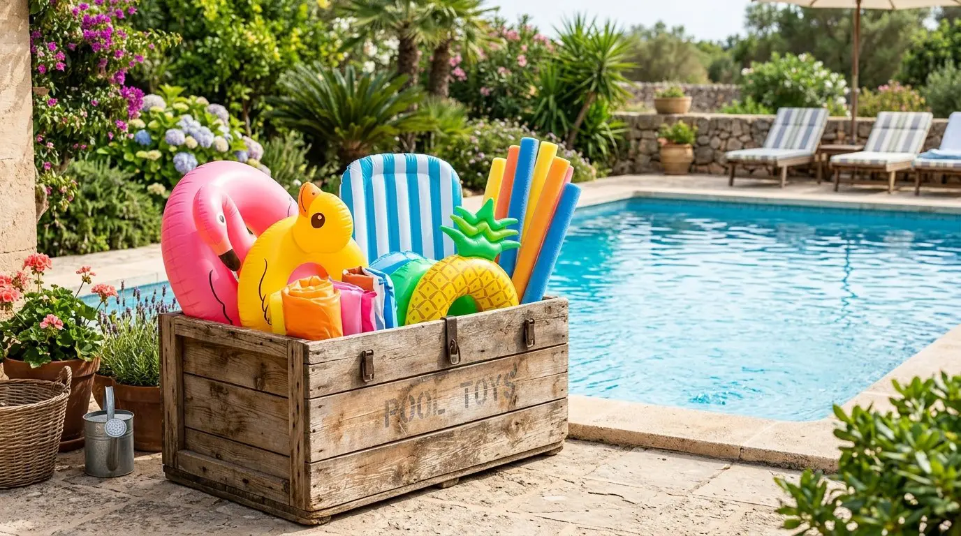 A wooden crate filled with colorful pool floats next to a swimming pool surrounded by greenery.