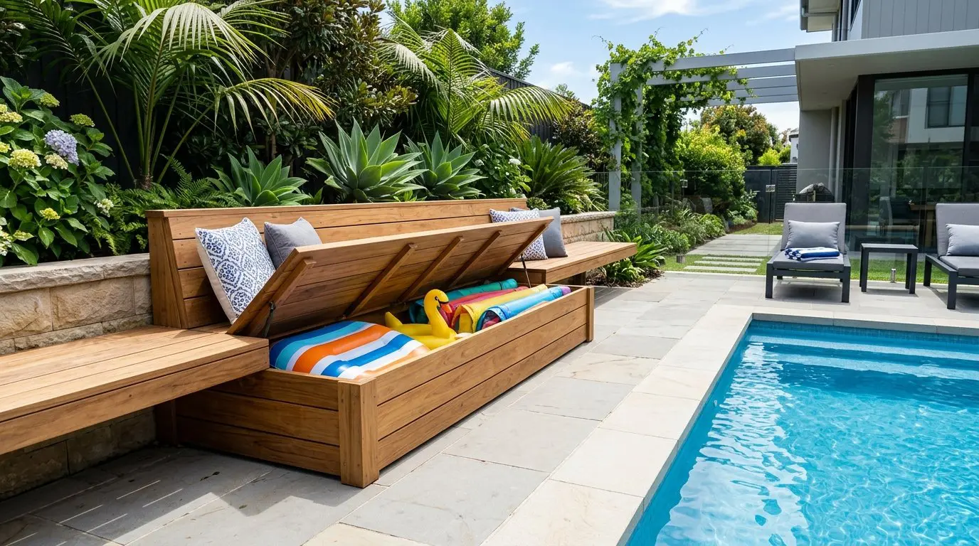 A modern backyard with a built-in wooden bench storing colorful pool floats next to a swimming pool and green plants.