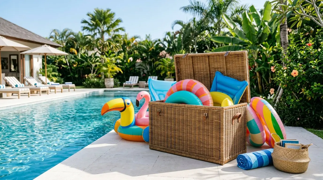 A wicker trunk next to a swimming pool storing colorful pool floats with tropical plants in the background.
