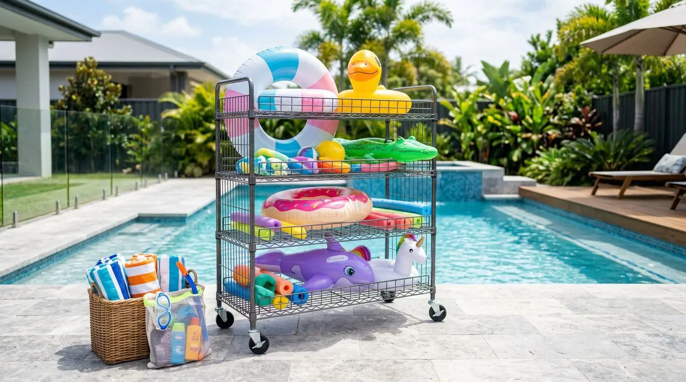 A rolling wire rack holding colorful pool floats near a backyard swimming pool.