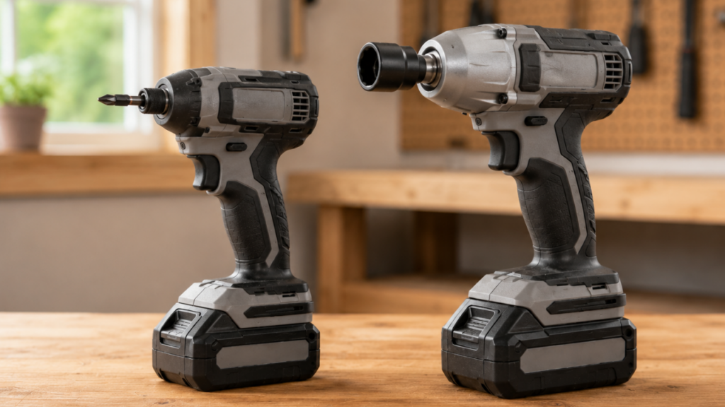 Impact driver and impact wrench side by side showing the difference between a hex bit and socket