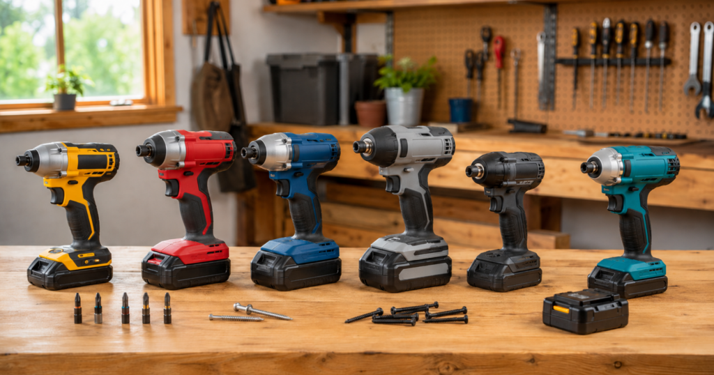 Six impact drivers lined up on a workshop workbench