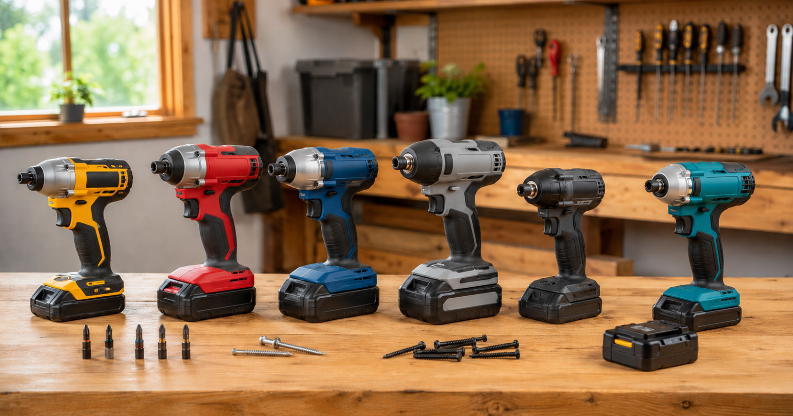 Six impact drivers lined up on a workshop workbench