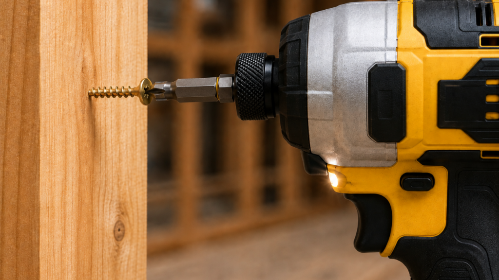 Cordless impact driver driving a wood screw with a 1/4-inch hex bit