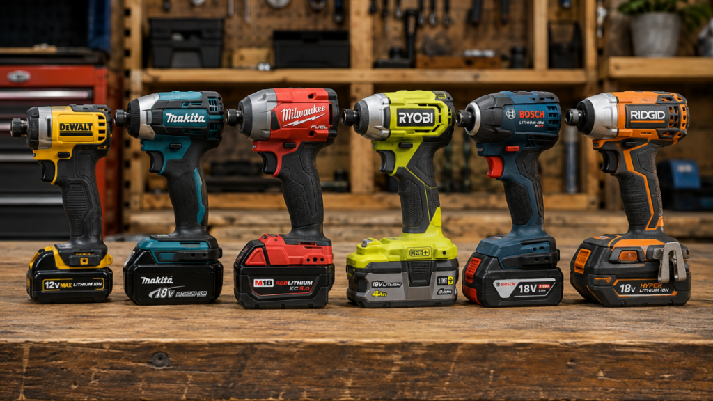 Six different impact drivers lined up on a workshop bench