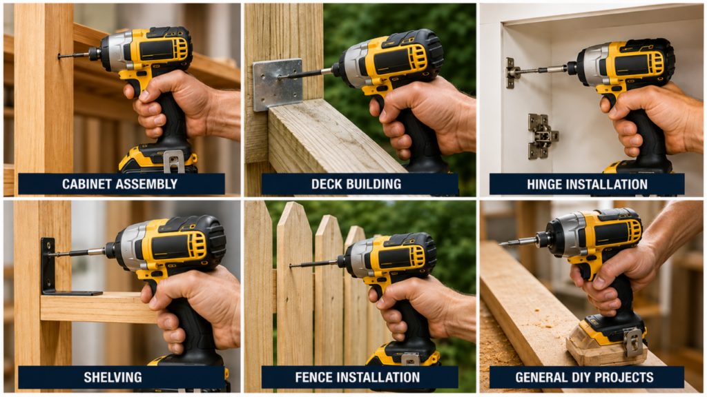 Common impact driver jobs including cabinets shelving fencing and woodworking