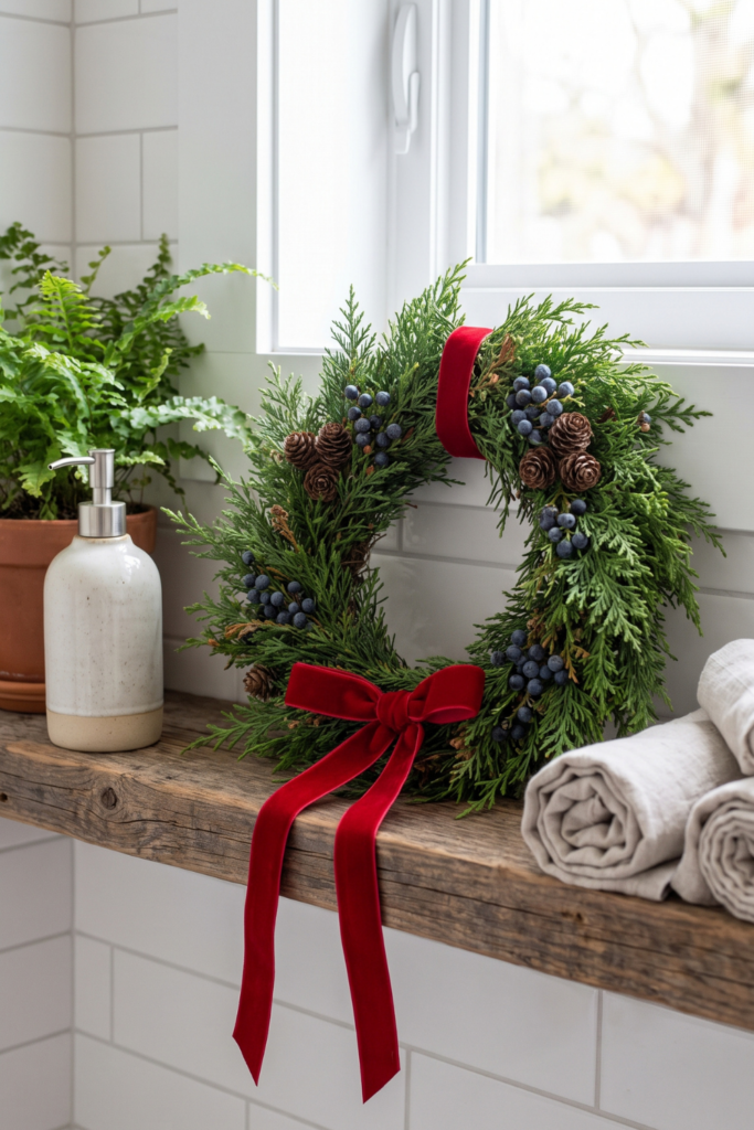 A small cedar wreath with a red velvet ribbon displayed on a bathroom shelf.