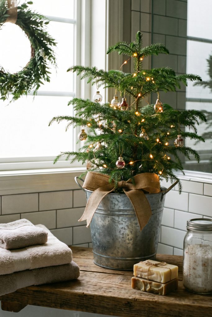 A small Norfolk pine tree in a galvanized metal bucket decorates a bathroom shelf for Christmas.