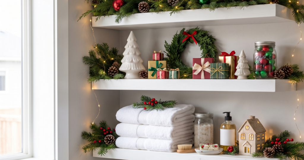 A bathroom shelf decorated with Christmas greenery, ornaments, lights, pinecones, and neatly folded towels.