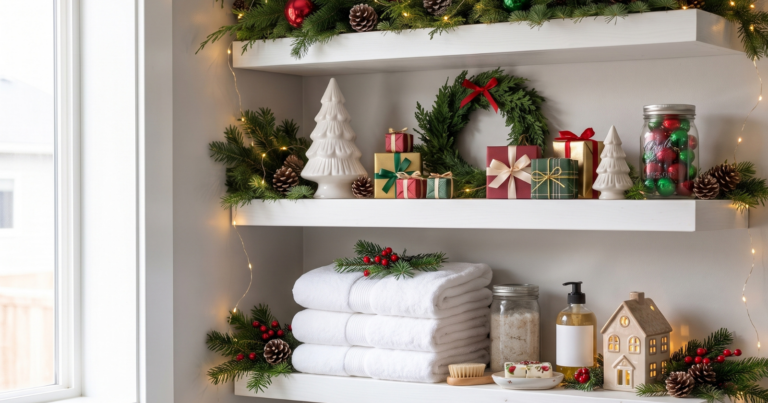 A bathroom shelf decorated with Christmas greenery, ornaments, lights, pinecones, and neatly folded towels.