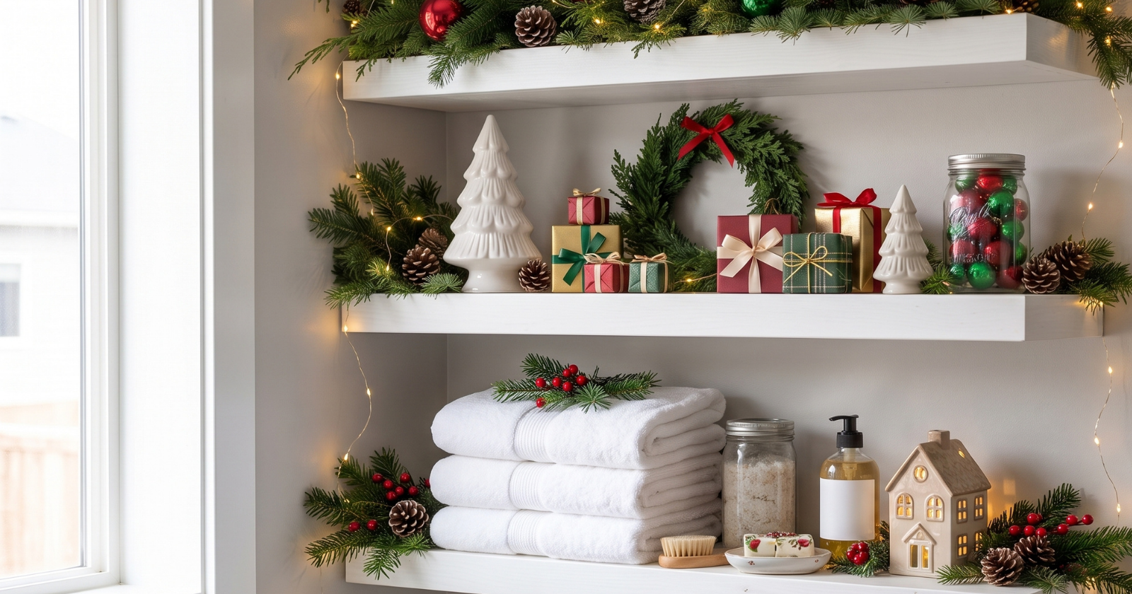 A bathroom shelf decorated with Christmas greenery, ornaments, lights, pinecones, and neatly folded towels.