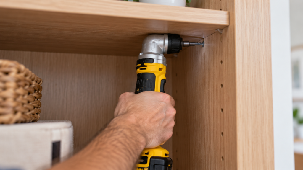 Right angle drill driving a screw in a tight space