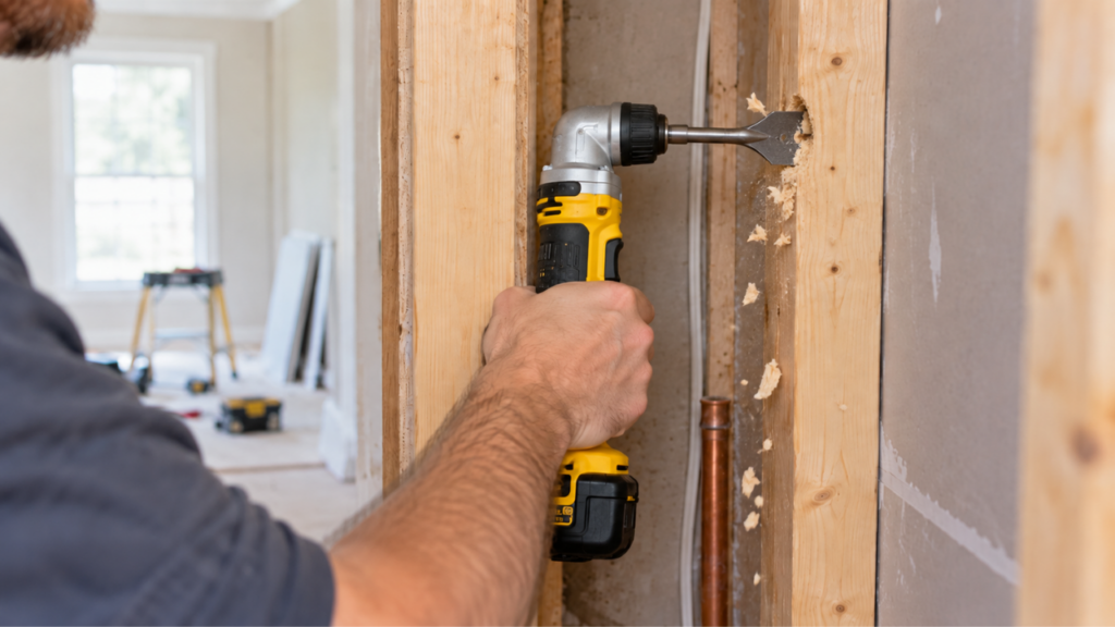 Right angle drill boring a large hole in wood framing