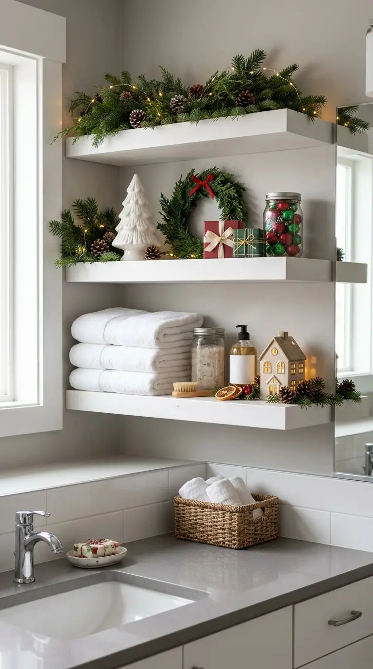 A bathroom shelf decorated with Christmas greenery, ornaments, lights, pinecones, and neatly folded towels.