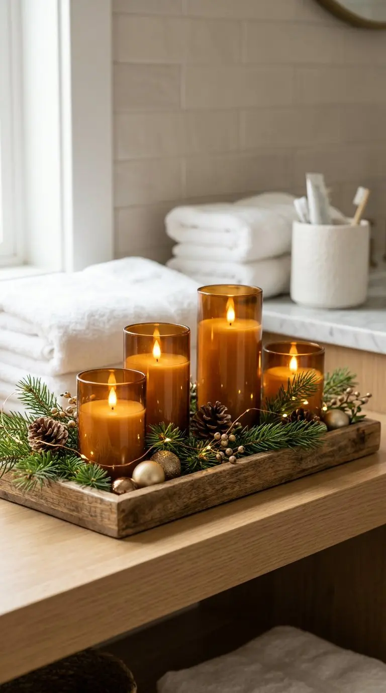 Amber glass flameless pillar candles glowing on a wooden tray on a decorated bathroom shelf.