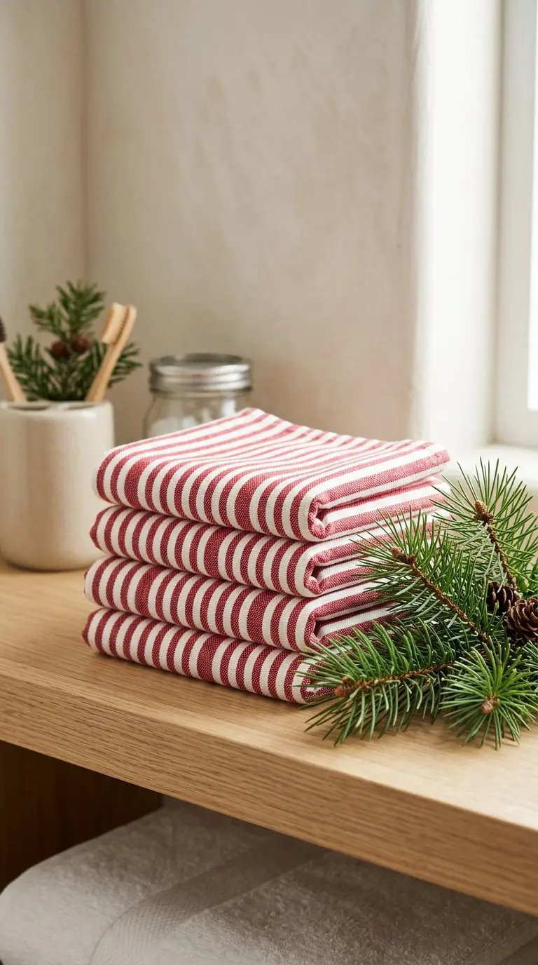Folded red-and-white striped hand towels with pine sprigs on a bathroom shelf.