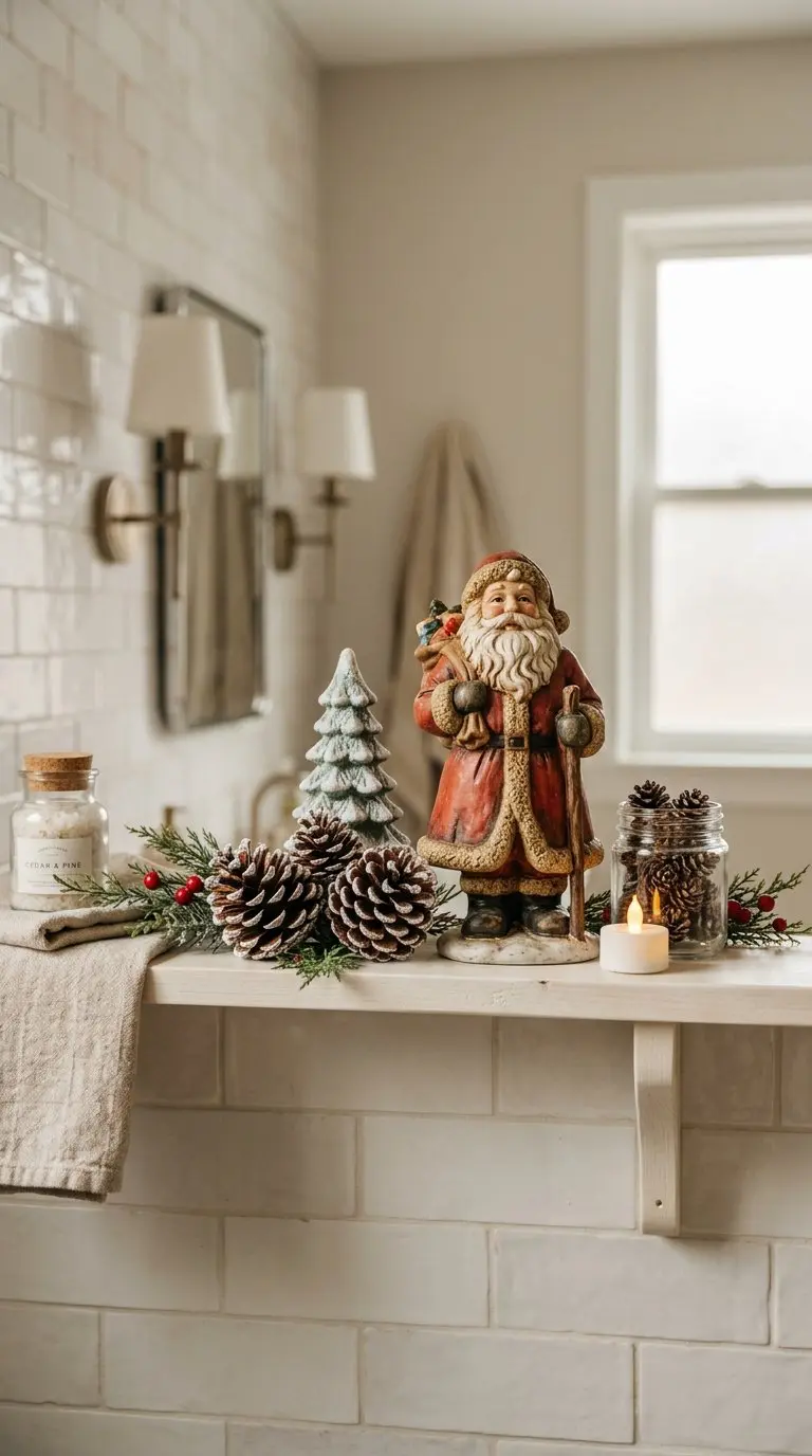 A vintage Santa figurine and natural pinecones arranged on a bathroom shelf.