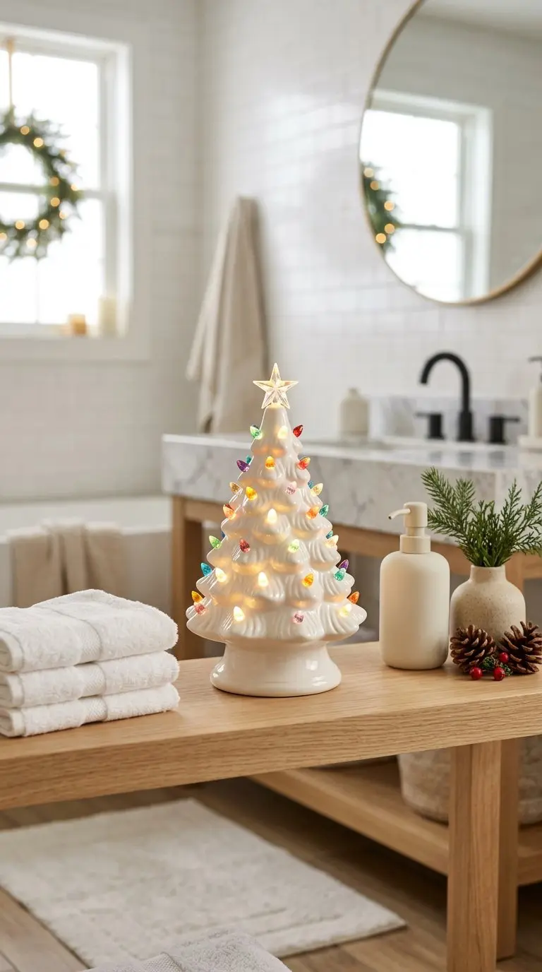 A small ceramic Christmas tree with warm white lights displayed on a bathroom shelf beside folded towels and simple holiday decorations.