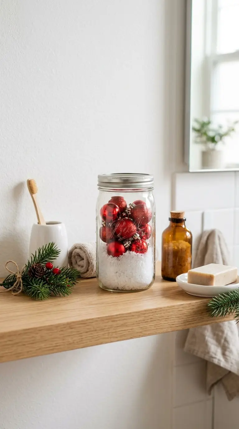 A mason jar filled with red Christmas ornaments and white faux snow sits on a decorated bathroom shelf.
